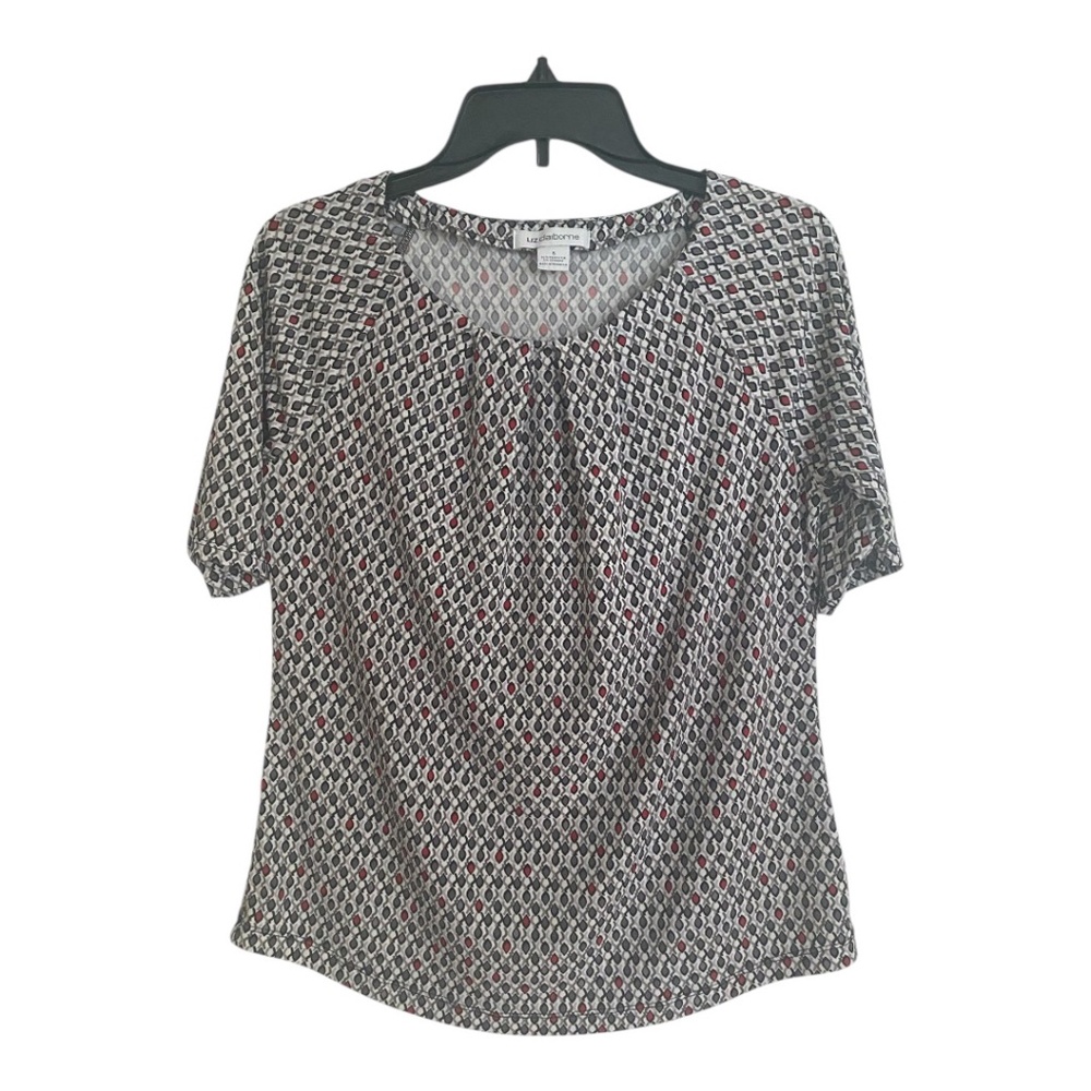 Liz Claiborne Grey & Red Geometric Pattern Short Sleeve Blouse Size Small